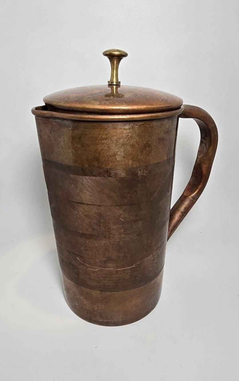 Vintage Copper Pitcher With Lid Brass Knob 7” Rustic Farmhouse Decor